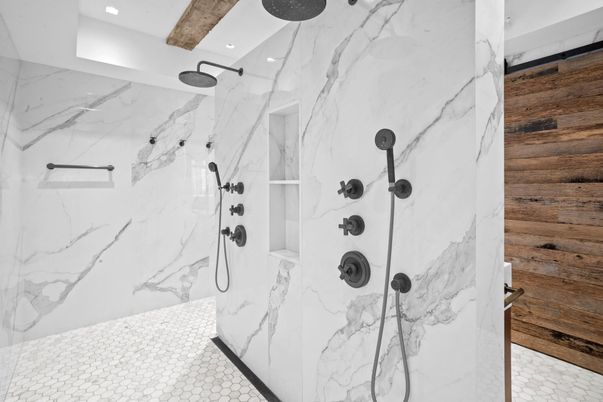 Bathroom, Glass Shower, Interior, Marble Walls, Recessed Lighting
