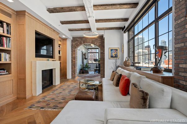Fireplace, Interior, Living room, Pendant Lights, Recessed Lighting, Stone Walls, Wooden Beams, Wood Texture Flooring