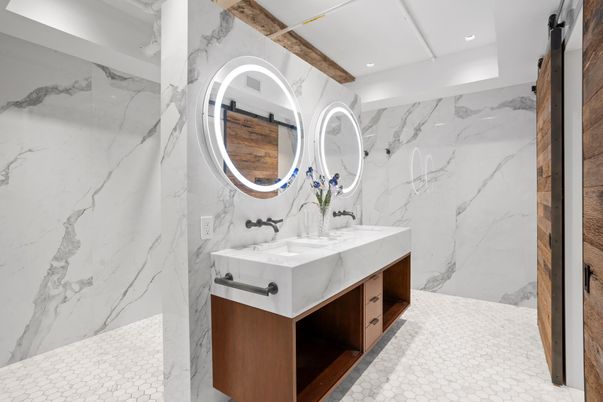 Bathroom, Dual Sink Vanities, Interior, Marble Walls, Recessed Lighting
