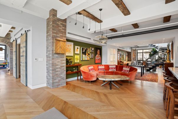 Dining room, Interior, Living room, Pendant Lights, Recessed Lighting, Stone Walls, Wooden Beams, Wood Texture Flooring