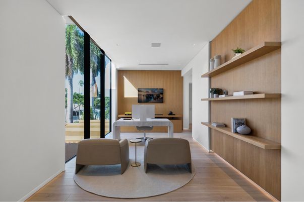 Home Office, Interior, Recessed Lighting, Wood Texture Flooring, Wooden Walls