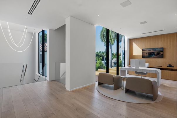 Home Office, Interior, Recessed Lighting, Wood Texture Flooring, Wooden Walls