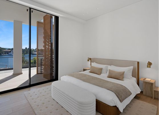 Bedroom, Interior, Recessed Lighting, Water, Wood Texture Flooring