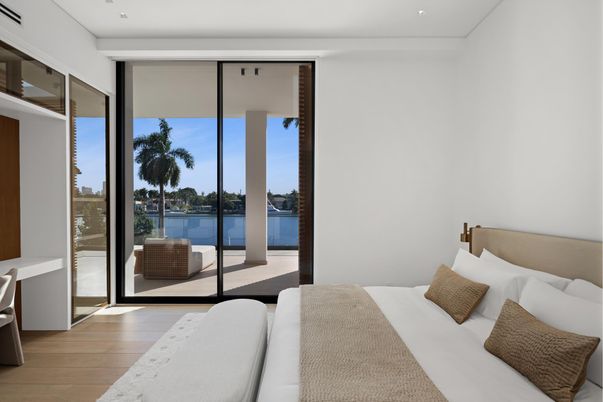Bedroom, Interior, Recessed Lighting, Water, Wood Texture Flooring