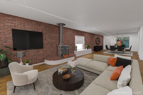 Dining room, Fireplace, Interior, Living room, Stone Walls, Wood Texture Flooring
