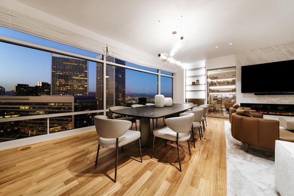 Dining room, Fireplace, Interior, Living room, Pendant Lights, Recessed Lighting, Wood Texture Flooring