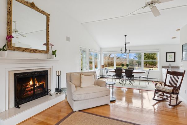 Dining room, Fireplace, Interior, Pendant Lights, Wood Texture Flooring