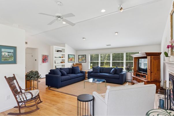 Fireplace, Interior, Living room, Recessed Lighting, Wood Texture Flooring