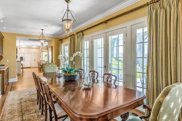 Dining room, Interior, Pendant Lights, Wood Texture Flooring