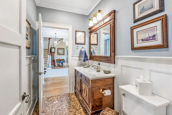 Bathroom, Interior, Pendant Lights, Wood Texture Flooring