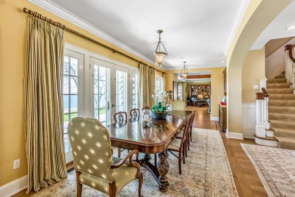 Dining room, Interior, Pendant Lights, Recessed Lighting, Wood Texture Flooring