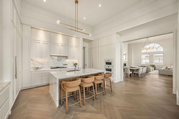 Chandelier, Dining room, Interior, Kitchen, Living room, Pendant Lights, Recessed Lighting, Stainless Steel Appliances, Wood Texture Flooring