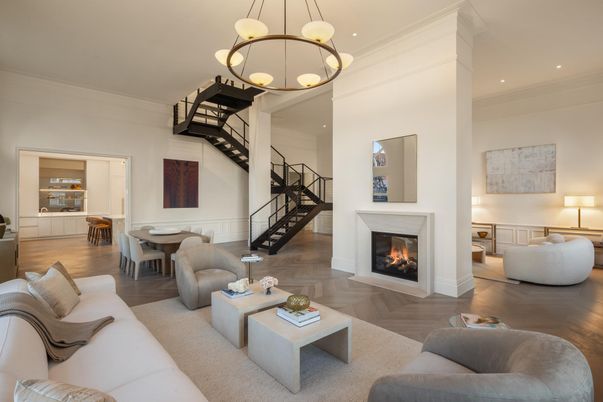 Chandelier, Dining room, Fireplace, Interior, Living room, Pendant Lights, Recessed Lighting, Wood Texture Flooring