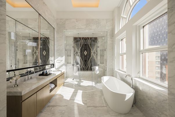 Bathroom, Free Standing Baths, Glass Shower, Interior, Marble, Marble Walls