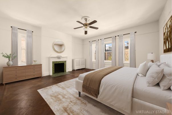 Bedroom, Fireplace, Interior, Wood Texture Flooring