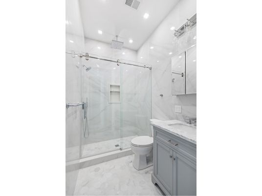 Bathroom, Glass Shower, Interior, Marble, Marble Walls, Recessed Lighting