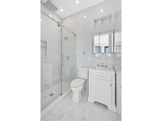 Bathroom, Glass Shower, Interior, Marble, Recessed Lighting