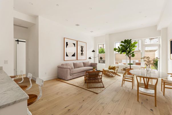 Dining room, Interior, Living room, Recessed Lighting, Wood Texture Flooring
