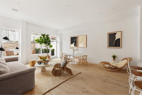 Dining room, Interior, Living room, Recessed Lighting, Wood Texture Flooring