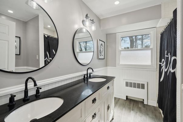 Bathroom, Dual Sink Vanities, Interior, Recessed Lighting, Wood Texture Flooring