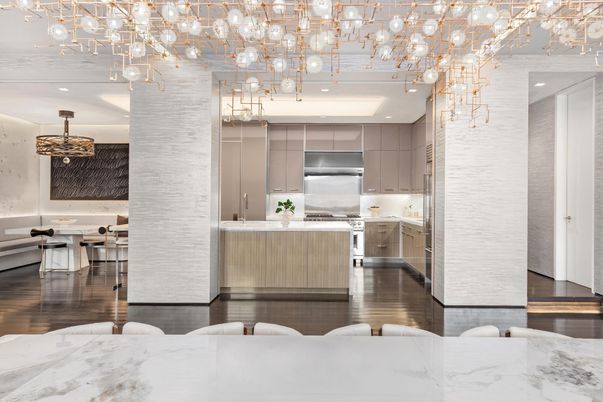 Chandelier, Dining room, Interior, Kitchen, Pendant Lights, Recessed Lighting, Stainless Steel Appliances, Wood Texture Flooring