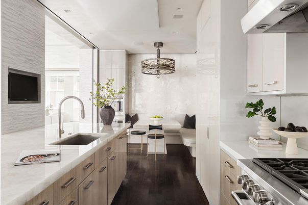 Dining room, Interior, Kitchen, Recessed Lighting, Stainless Steel Appliances, Wood Texture Flooring