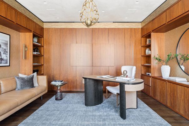Home Office, Interior, Pendant Lights, Recessed Lighting, Wood Texture Flooring, Wooden Walls