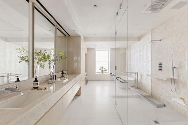 Bathroom, Dual Sink Vanities, Free Standing Baths, Glass Shower, Interior, Recessed Lighting