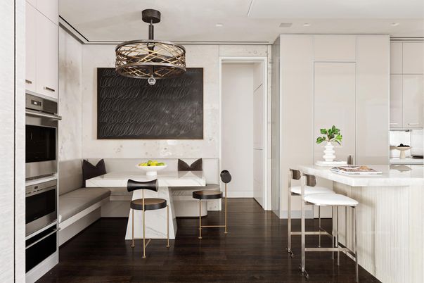 Dining room, Interior, Kitchen, Pendant Lights, Recessed Lighting, Wood Texture Flooring