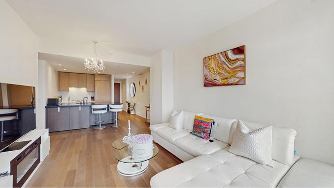 Chandelier, Interior, Kitchen, Living room, Recessed Lighting, Wood Texture Flooring