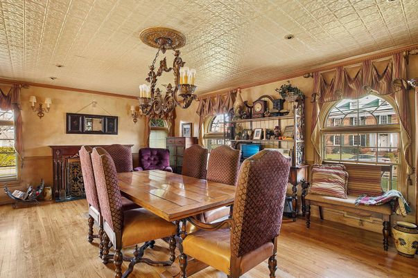 Chandelier, Dining room, Interior, Wood Texture Flooring