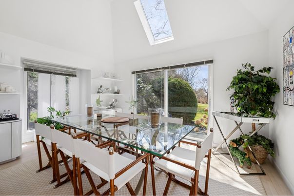 Dining room, Interior, Kitchen, Recessed Lighting, Stainless Steel Appliances, Wood Texture Flooring
