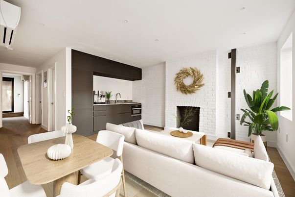Dining room, Fireplace, Interior, Kitchen, Living room, Recessed Lighting, Stainless Steel Appliances, Stone Walls, Wood Texture Flooring