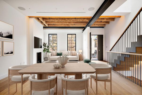 Dining room, Interior, Living room, Recessed Lighting, Wooden Beams, Wooden Ceilings, Wood Texture Flooring