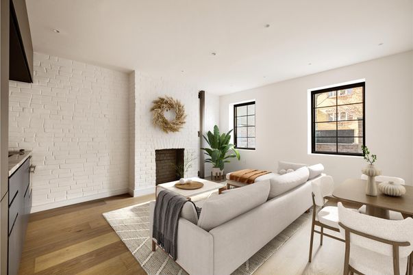 Fireplace, Interior, Living room, Recessed Lighting, Stone Walls, Wood Texture Flooring