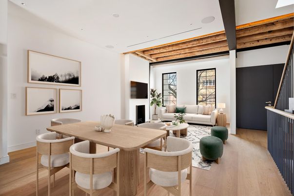 Dining room, Fireplace, Interior, Living room, Recessed Lighting, Wooden Beams, Wooden Ceilings, Wood Texture Flooring