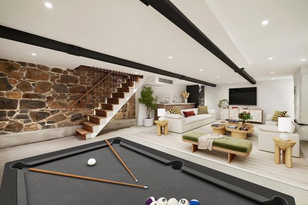 Billiard Table, Game Room, Interior, Living room, Recessed Lighting, Stone Walls