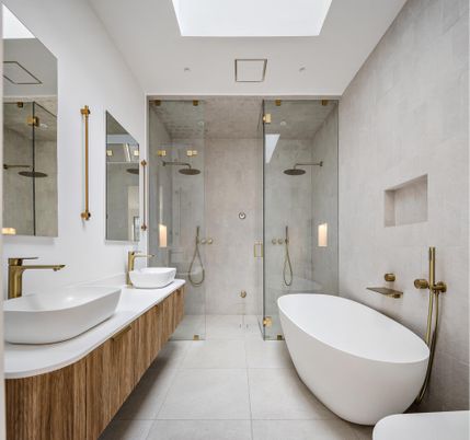 Bathroom, Dual Sink Vanities, Free Standing Baths, Glass Shower, Interior