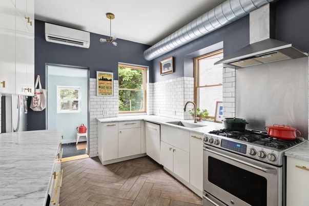 Interior, Kitchen, Pendant Lights, Stainless Steel Appliances, Wood Texture Flooring