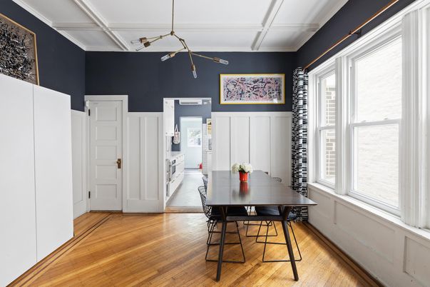 Dining room, Interior, Pendant Lights, Wood Texture Flooring