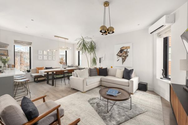 Dining room, Interior, Living room, Pendant Lights, Recessed Lighting, Wood Texture Flooring
