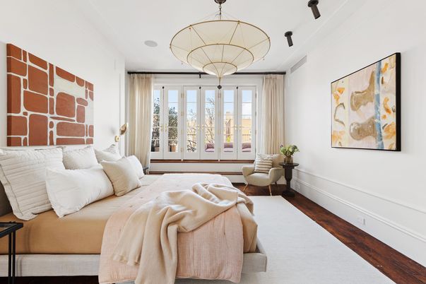 Bedroom, Interior, Pendant Lights, Wood Texture Flooring