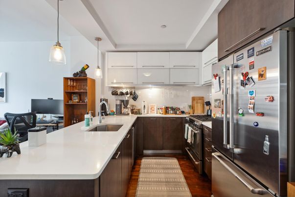 Interior, Kitchen, Pendant Lights, Recessed Lighting, Stainless Steel Appliances, Wood Texture Flooring