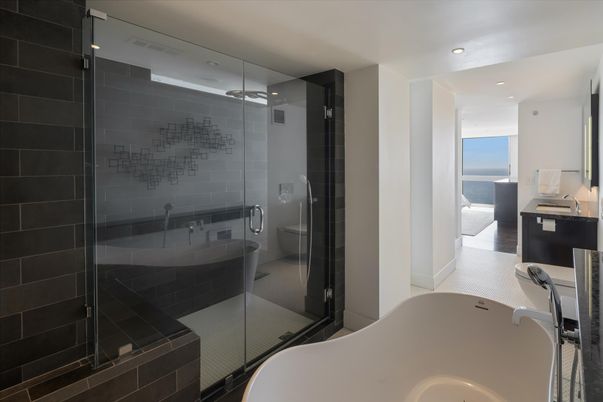 Bathroom, Free Standing Baths, Glass Shower, Interior, Recessed Lighting