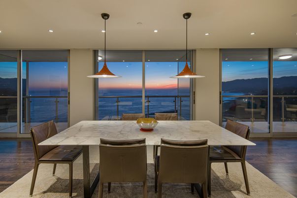 Dining room, Interior, Pendant Lights, Recessed Lighting, Water, Wood Texture Flooring