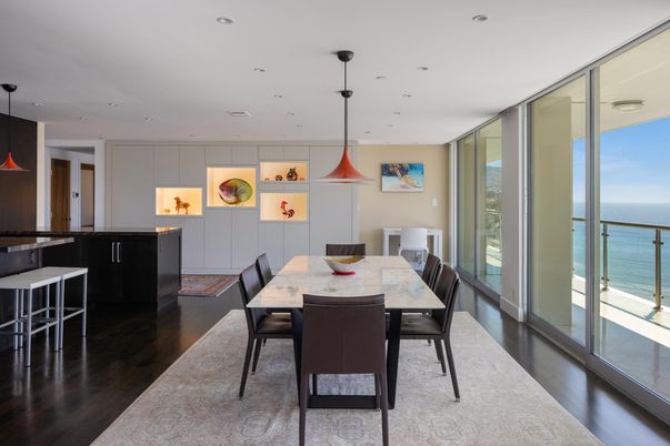 Dining room, Interior, Pendant Lights, Recessed Lighting, Water, Wood Texture Flooring
