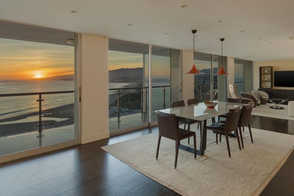 Dining room, Interior, Pendant Lights, Recessed Lighting, Water, Wood Texture Flooring
