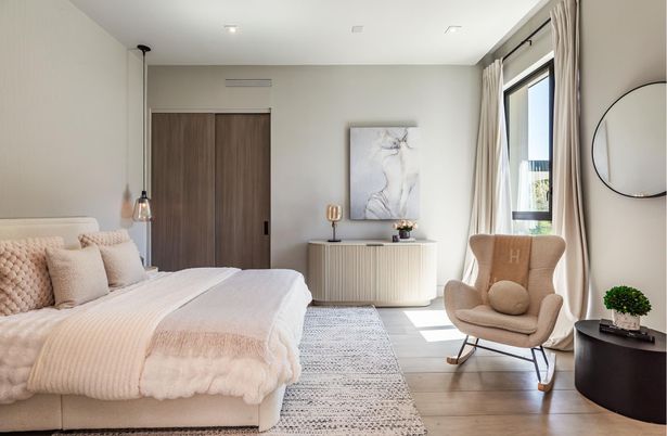 Bedroom, Interior, Recessed Lighting, Wood Texture Flooring