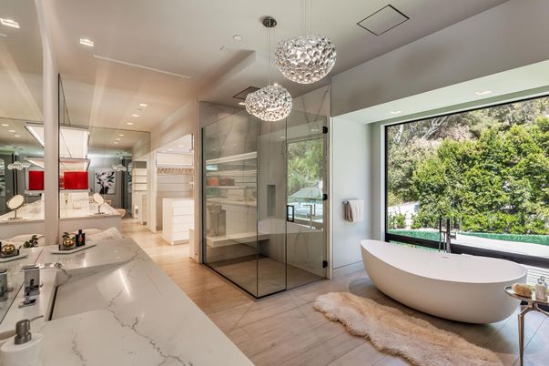 Bathroom, Free Standing Baths, Glass Shower, Interior, Pendant Lights, Recessed Lighting, Wood Texture Flooring