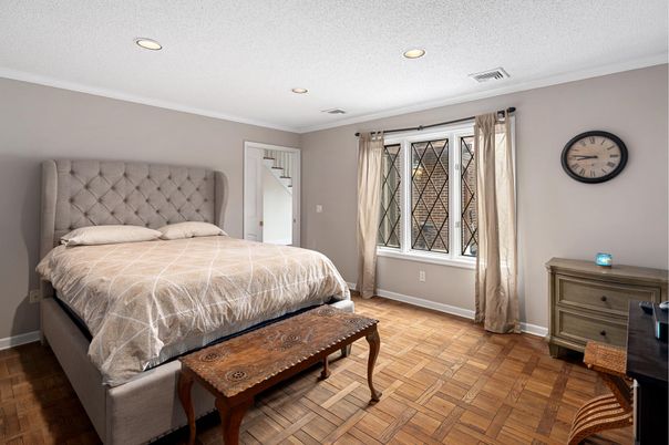 Bedroom, Interior, Recessed Lighting, Wood Texture Flooring